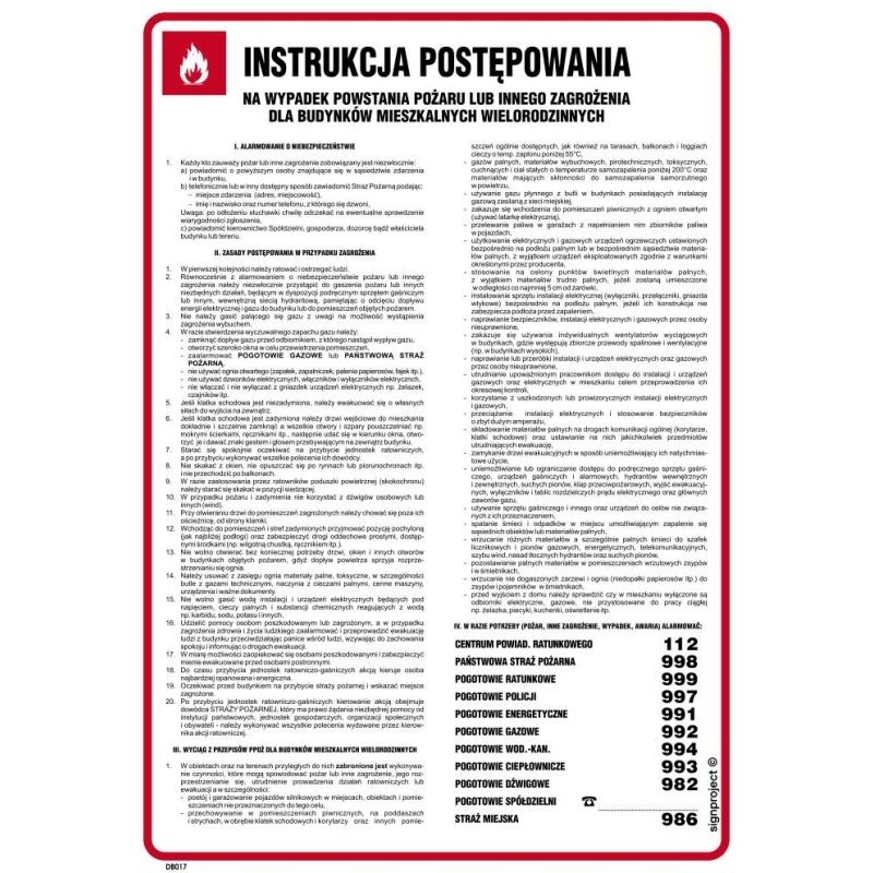 Instrukcja PPOŻ. DB017 Instrukcja postępowania na wypadek powst. pożaru lub innego zagrożenia dla budynków mieszkalnych wie