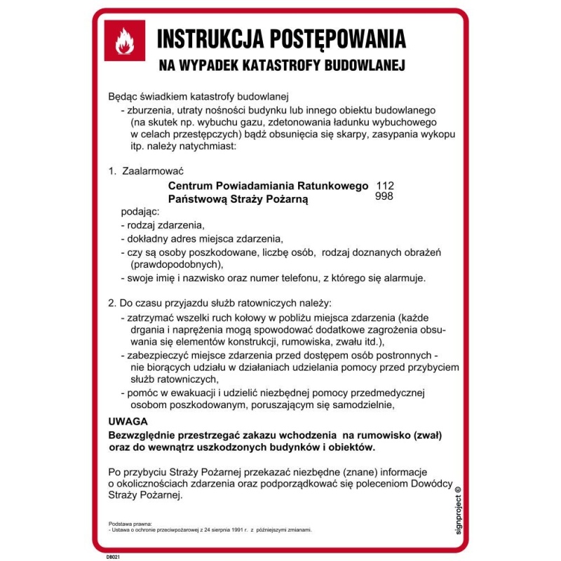 Instrukcja PPOŻ. DB021 Instrukcja postępowania na wypadek katastrofy budowlanej