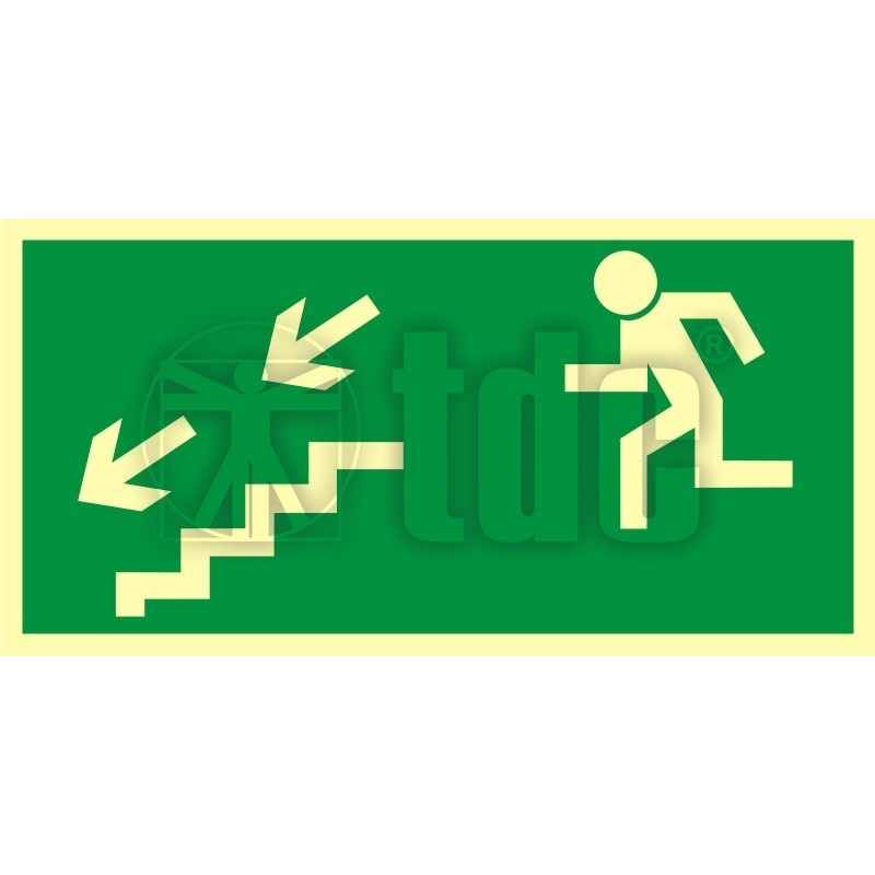 Znak kierunek do wyjścia drogi ewakuacyjnej schodami w dół w lewo AA 005