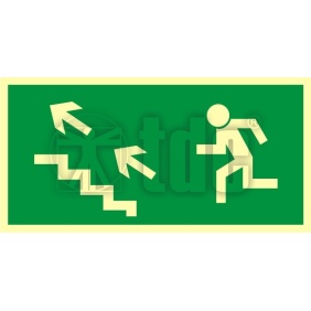 Znak  kierunek do wyjścia drogi ewakuacyjnej schodami w górę w lewo  AA 006