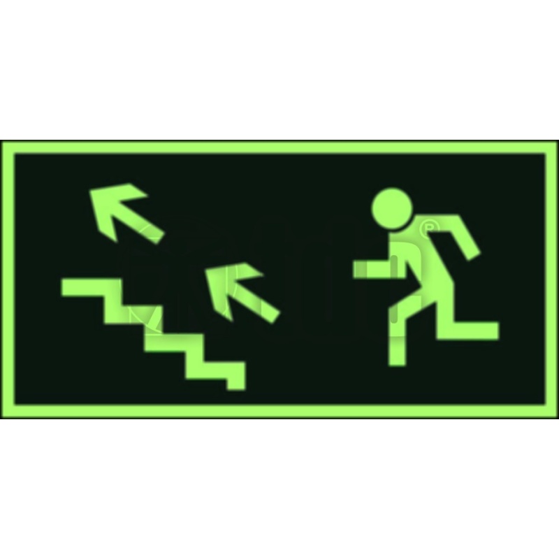 Znak  kierunek do wyjścia drogi ewakuacyjnej schodami w górę w lewo  AA 006