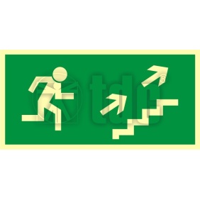 Znak  kierunek do wyjścia drogi ewakuacyjnej schodami w górę w prawo  AA 007
