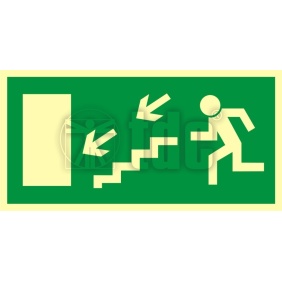 Znak  kierunek do wyjścia drogi ewakuacyjnej schodami w dół w lewo  AC 021