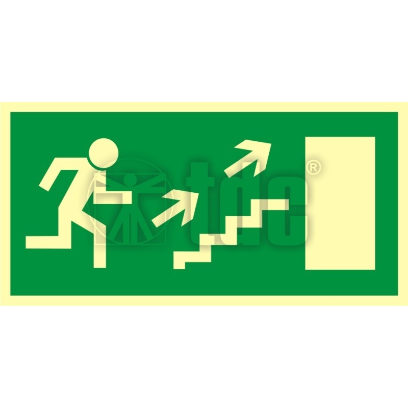 Znak  kierunek do wyjścia drogi ewakuacyjnej schodami w górę w prawo  AC 023